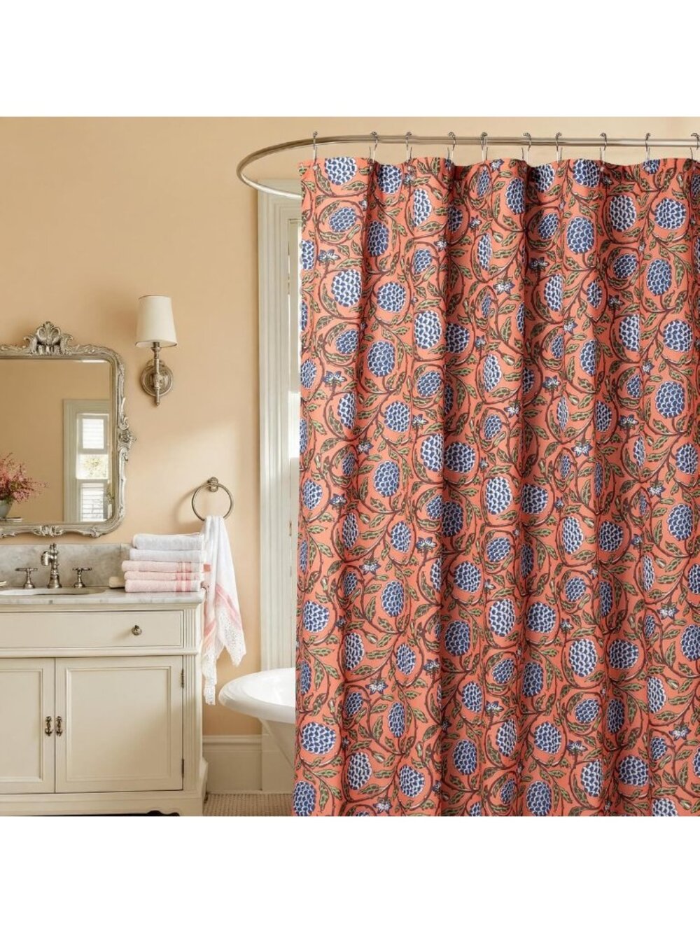 Boho Burnt Orange Floral Shower Curtain 72x72" - Cotton Blend, Rustic Botanical